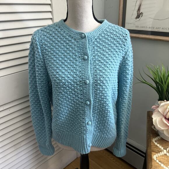 LL BEAN Sweater Womens Large Blue Wool Angora Blend Retro Preppy Grannycore - Picture 1 of 11